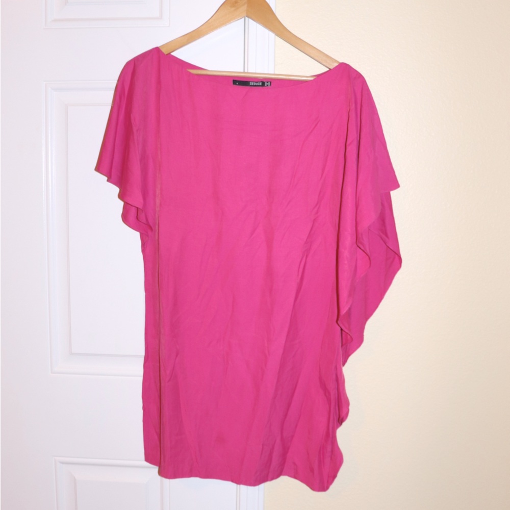 Asymmetrical Barbie Pink Semi-Formal Dress Flutter Sleeve Shift Flowy